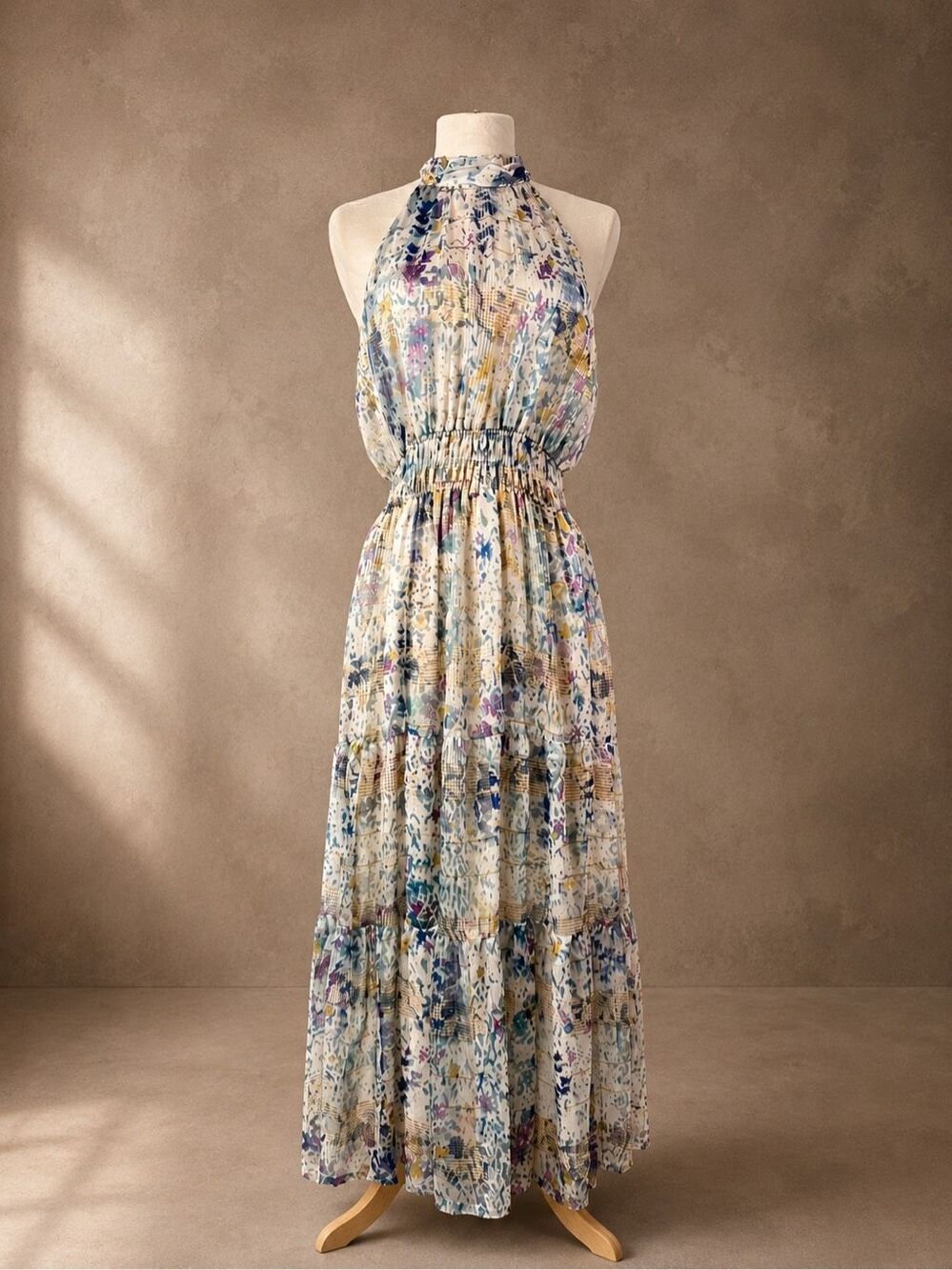 Anthropologie Sz L Somerset Maxi Dress Halter Edition Shimmer Blue